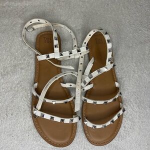 Time and Tru White and Brown Sandals with Pearl Embellishments